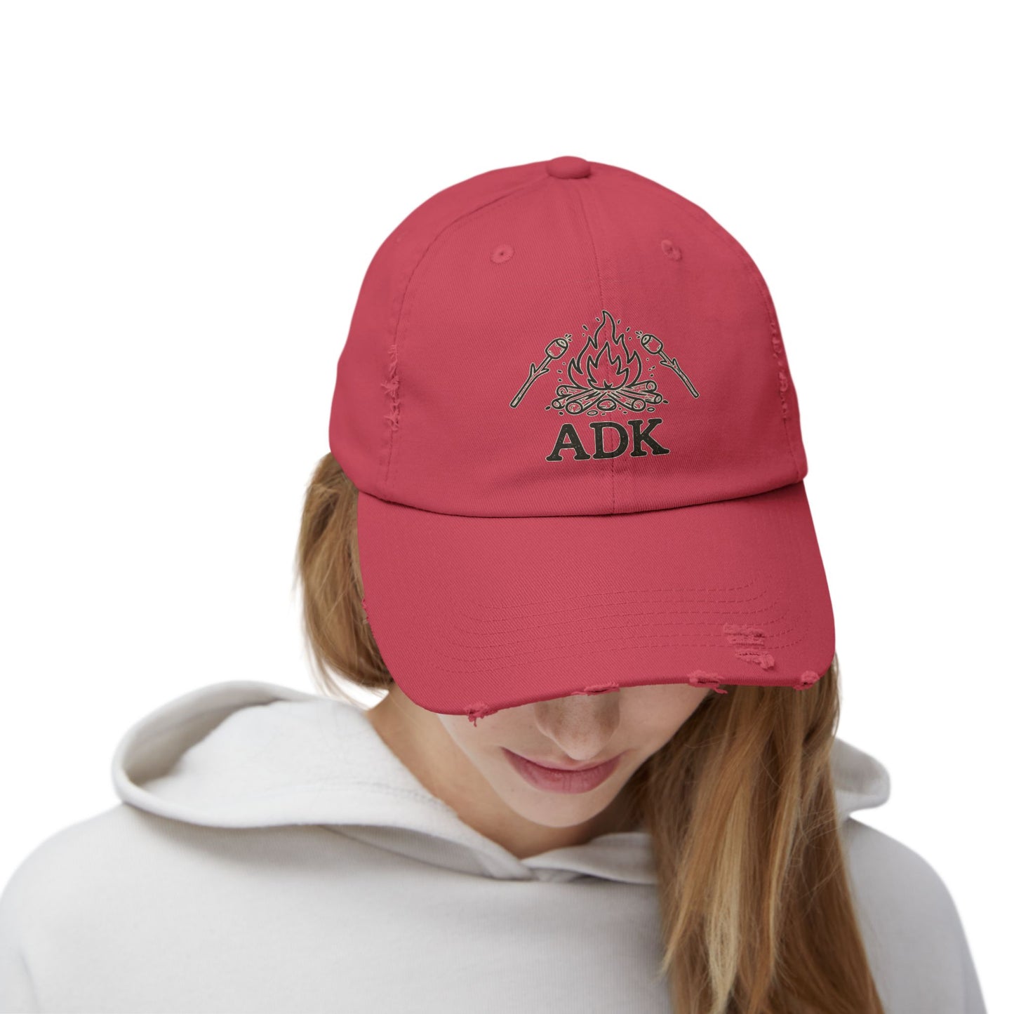 ADK Campfire Hat — Distressed Baseball Cap for Outdoors, Camping & Adirondack Fans