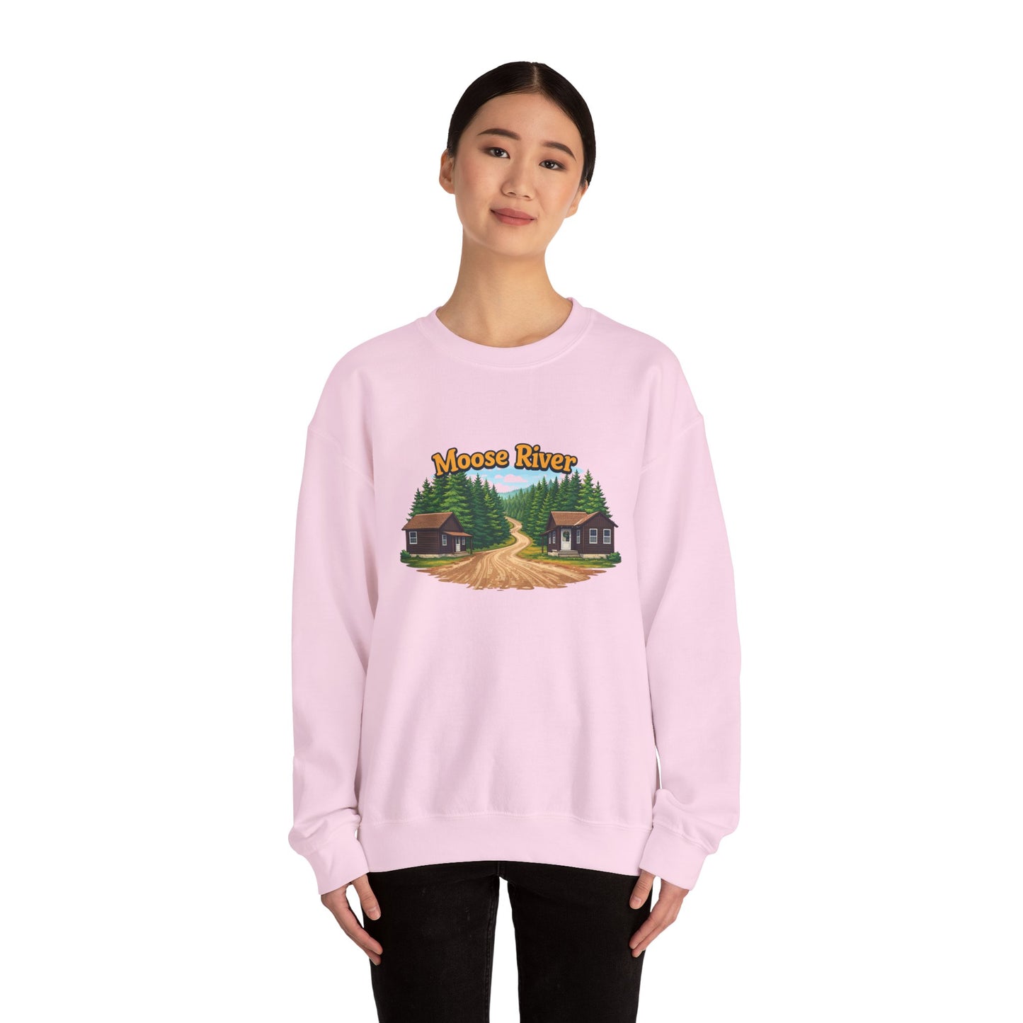 Moose River Cabin Crewneck Sweatshirt — Rustic Cabin Graphic Pullover