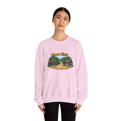 Moose River Cabin Crewneck Sweatshirt — Rustic Cabin Graphic Pullover