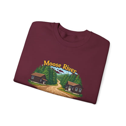 Moose River Cabin Crewneck Sweatshirt — Rustic Cabin Graphic Pullover