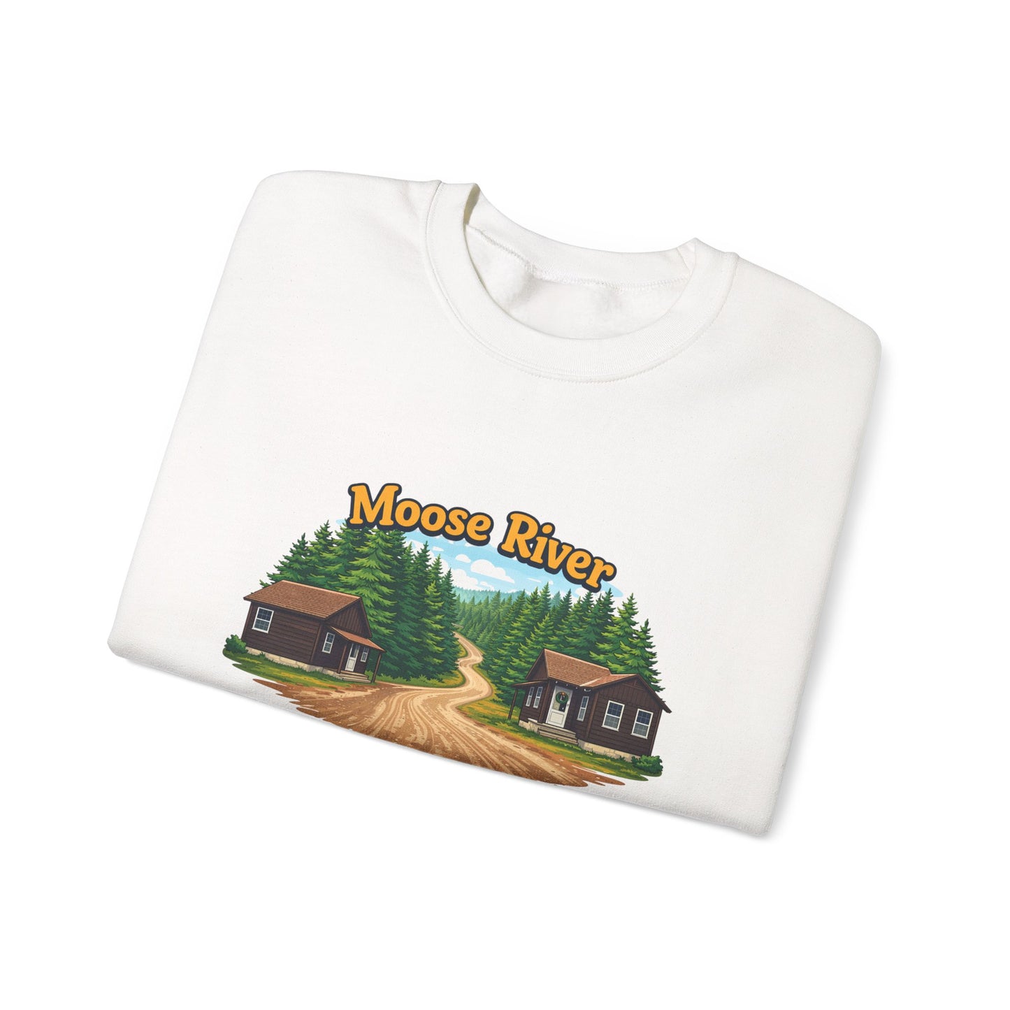 Moose River Cabin Crewneck Sweatshirt — Rustic Cabin Graphic Pullover