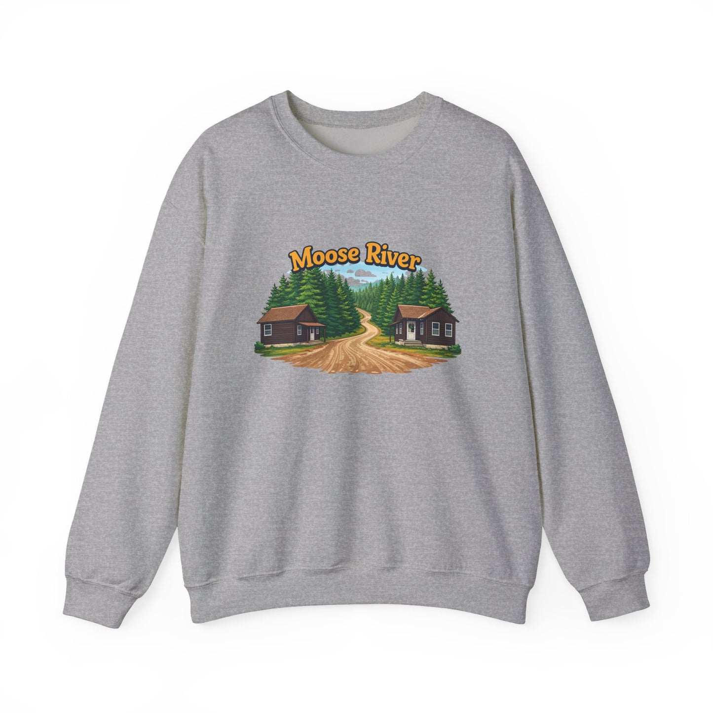 Moose River Cabin Crewneck Sweatshirt — Rustic Cabin Graphic Pullover