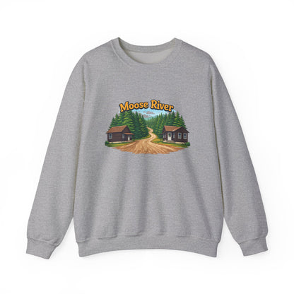 Moose River Cabin Crewneck Sweatshirt — Rustic Cabin Graphic Pullover