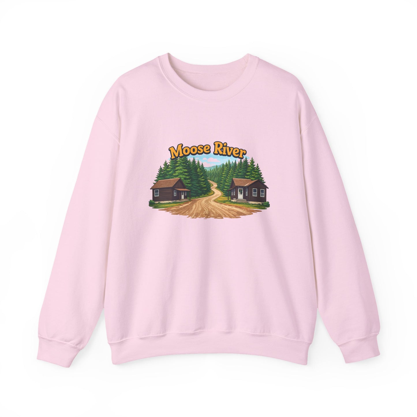 Moose River Cabin Crewneck Sweatshirt — Rustic Cabin Graphic Pullover