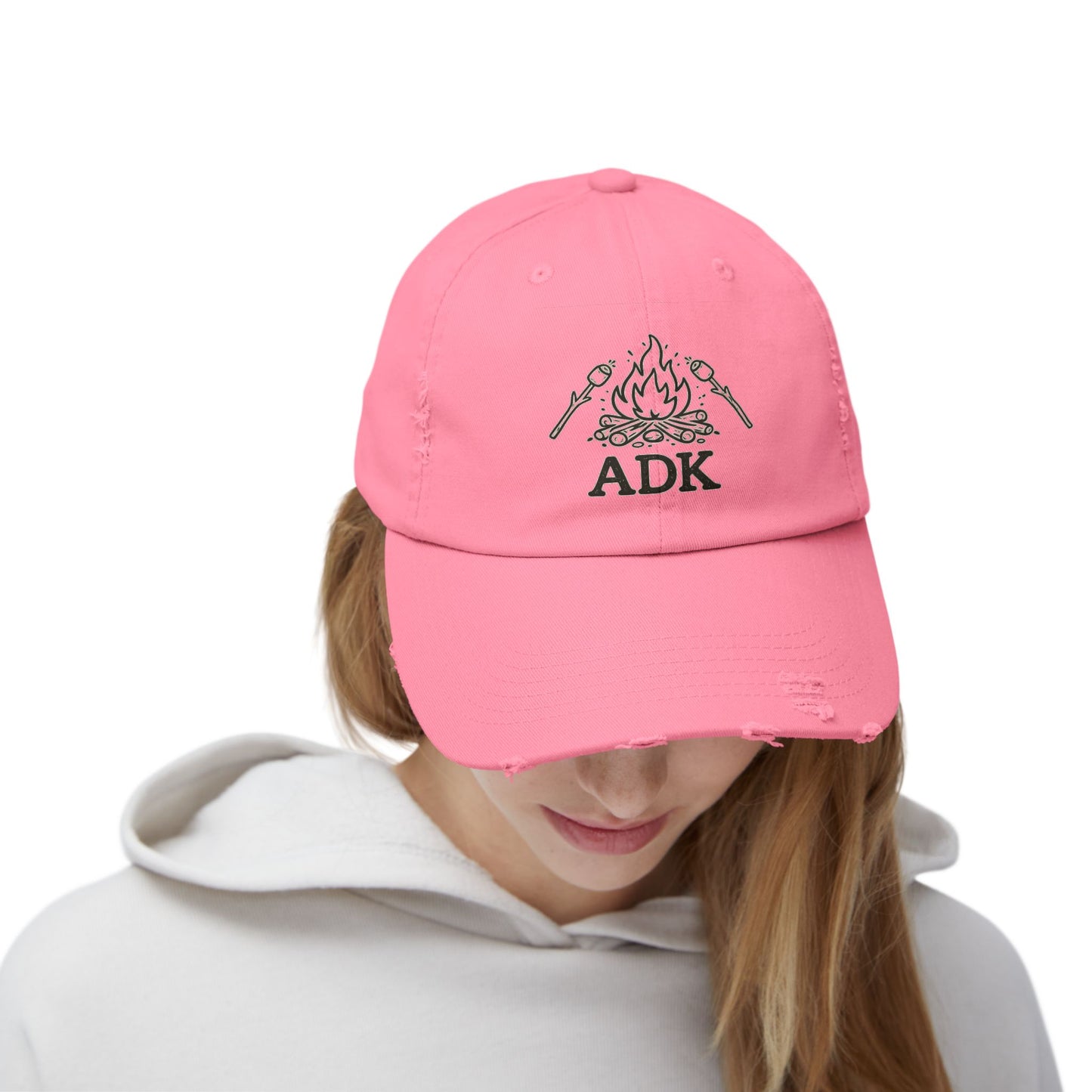 ADK Campfire Hat — Distressed Baseball Cap for Outdoors, Camping & Adirondack Fans