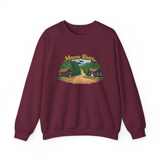 Moose River Cabin Crewneck Sweatshirt — Rustic Cabin Graphic Pullover