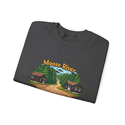 Moose River Cabin Crewneck Sweatshirt — Rustic Cabin Graphic Pullover