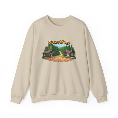 Moose River Cabin Crewneck Sweatshirt — Rustic Cabin Graphic Pullover