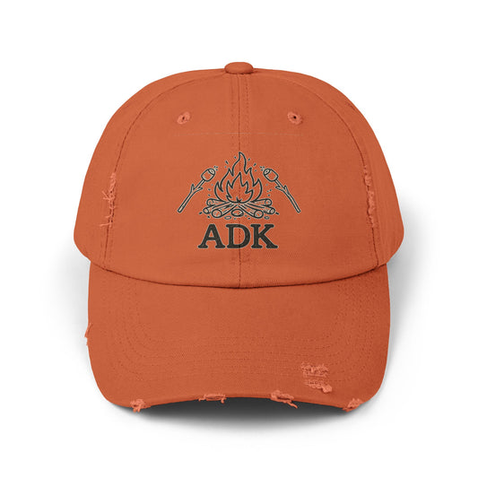 ADK Campfire Hat — Distressed Baseball Cap for Outdoors, Camping & Adirondack Fans