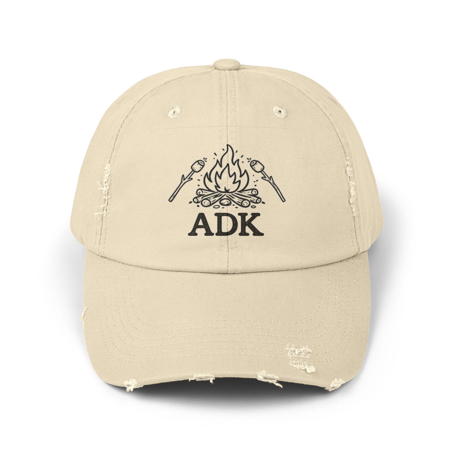 ADK Campfire Hat — Distressed Baseball Cap for Outdoors, Camping & Adirondack Fans