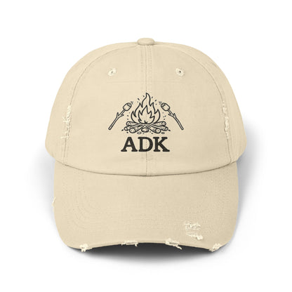 ADK Campfire Hat — Distressed Baseball Cap for Outdoors, Camping & Adirondack Fans