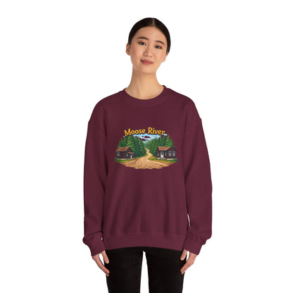 Moose River Cabin Crewneck Sweatshirt — Rustic Cabin Graphic Pullover