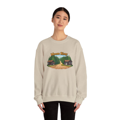 Moose River Cabin Crewneck Sweatshirt — Rustic Cabin Graphic Pullover