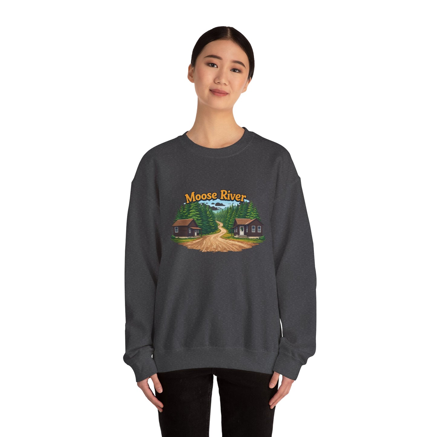 Moose River Cabin Crewneck Sweatshirt — Rustic Cabin Graphic Pullover