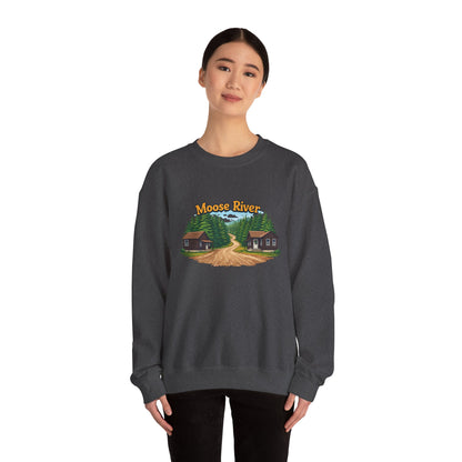 Moose River Cabin Crewneck Sweatshirt — Rustic Cabin Graphic Pullover