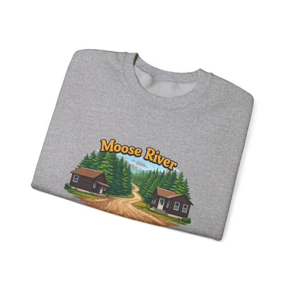 Moose River Cabin Crewneck Sweatshirt — Rustic Cabin Graphic Pullover
