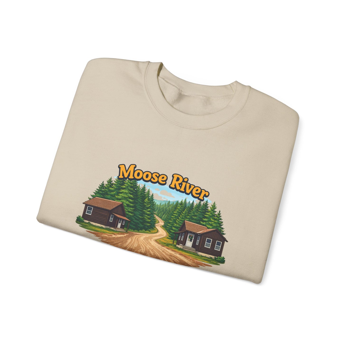 Moose River Cabin Crewneck Sweatshirt — Rustic Cabin Graphic Pullover