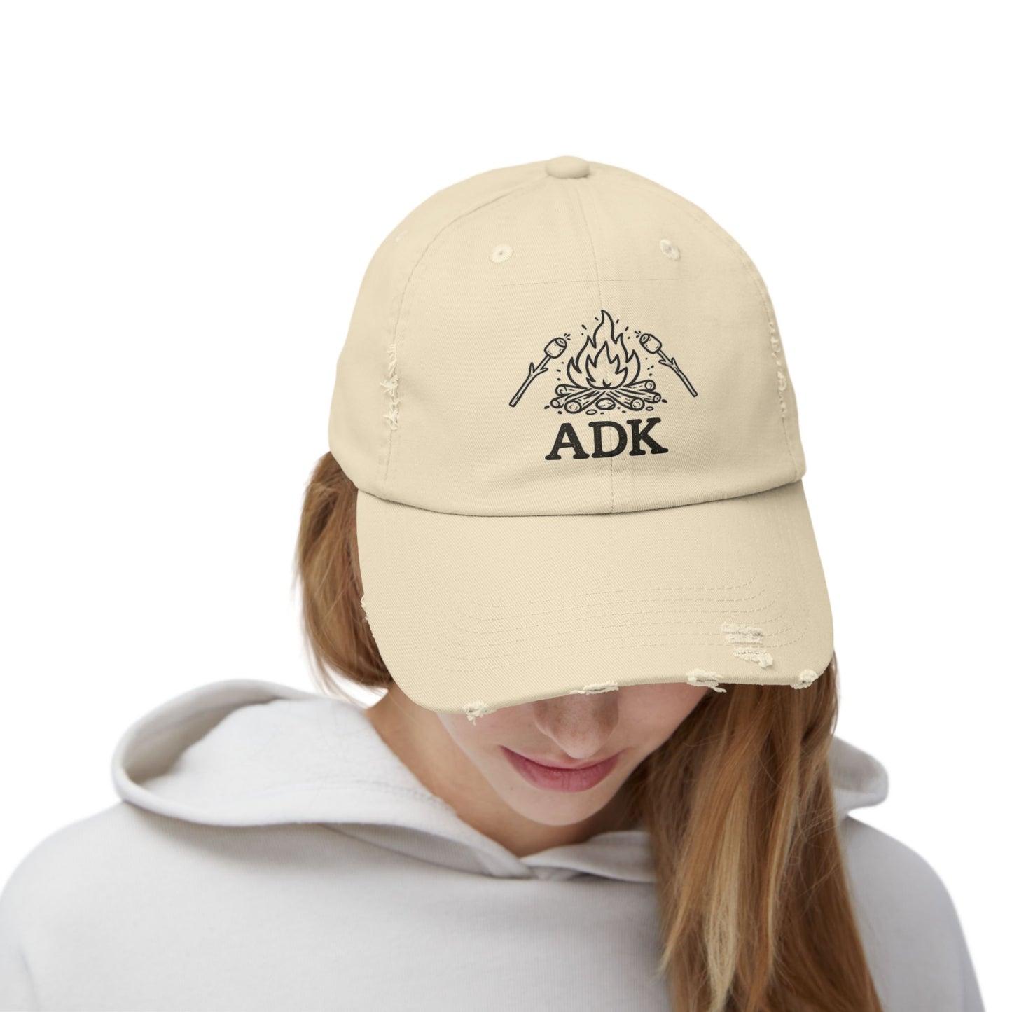 ADK Campfire Hat — Distressed Baseball Cap for Outdoors, Camping & Adirondack Fans