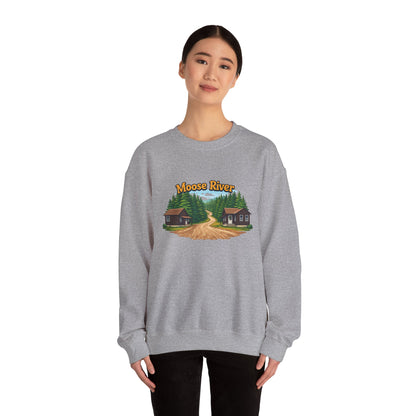 Moose River Cabin Crewneck Sweatshirt — Rustic Cabin Graphic Pullover