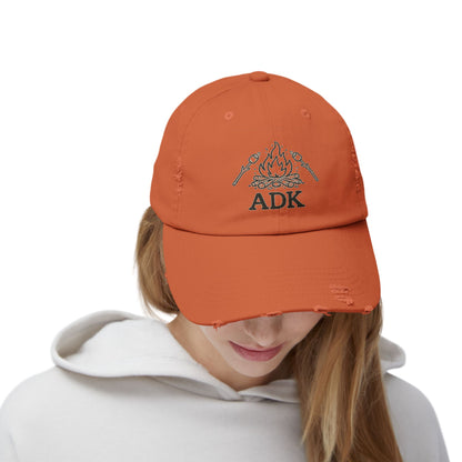 ADK Campfire Hat — Distressed Baseball Cap for Outdoors, Camping & Adirondack Fans