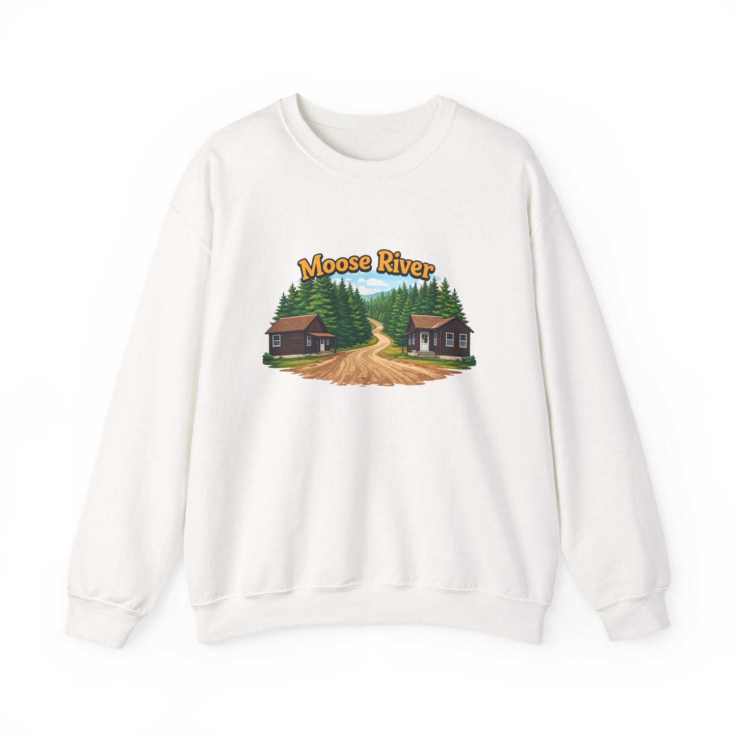 Moose River Cabin Crewneck Sweatshirt — Rustic Cabin Graphic Pullover